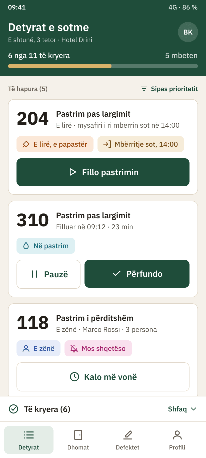 Elevate Suite në telefon: detyrat e sotme të pastrimit sipas dhomës