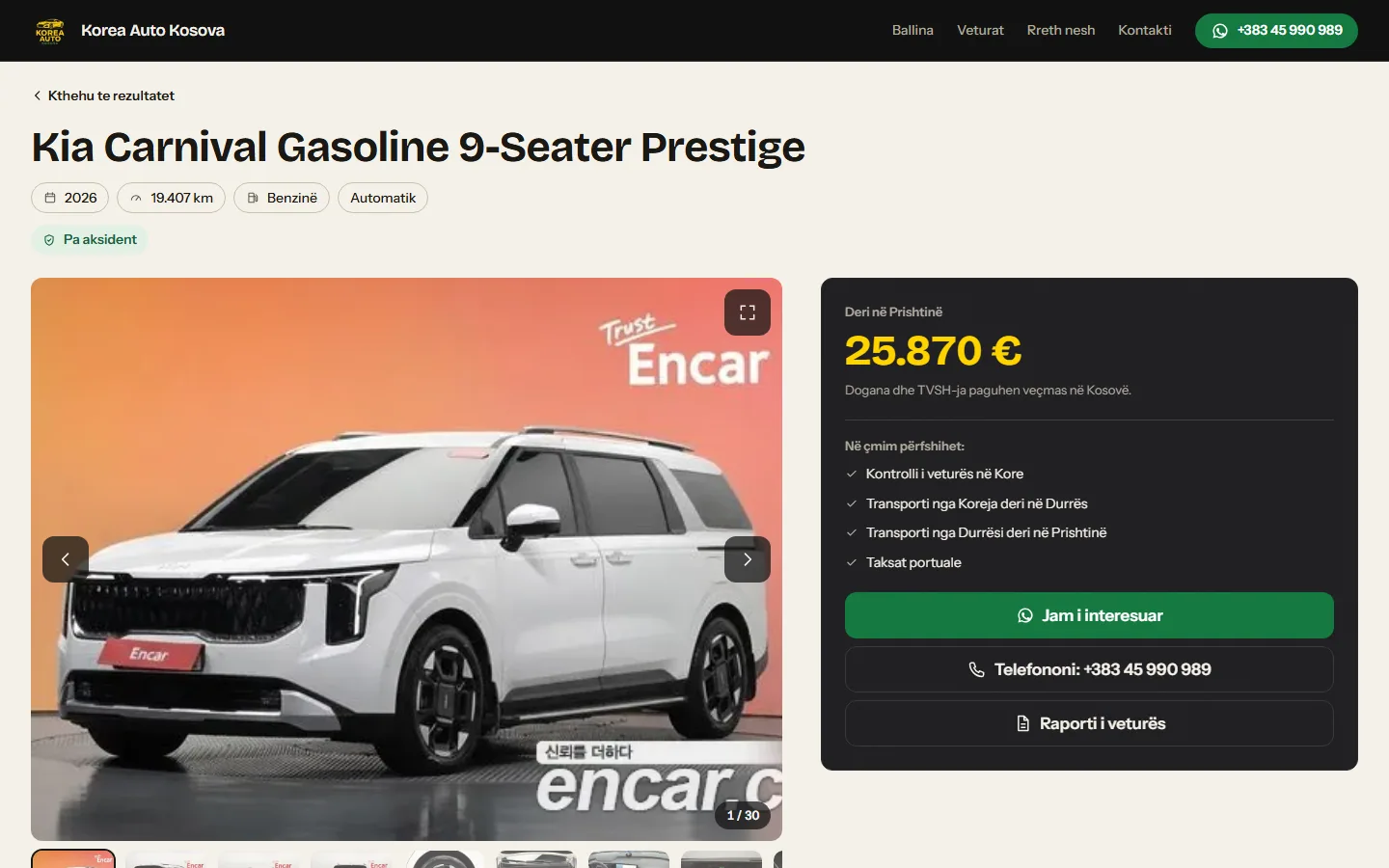 Faqja e një veture me galeri, çmim deri në Prishtinë dhe butonin Jam i interesuar